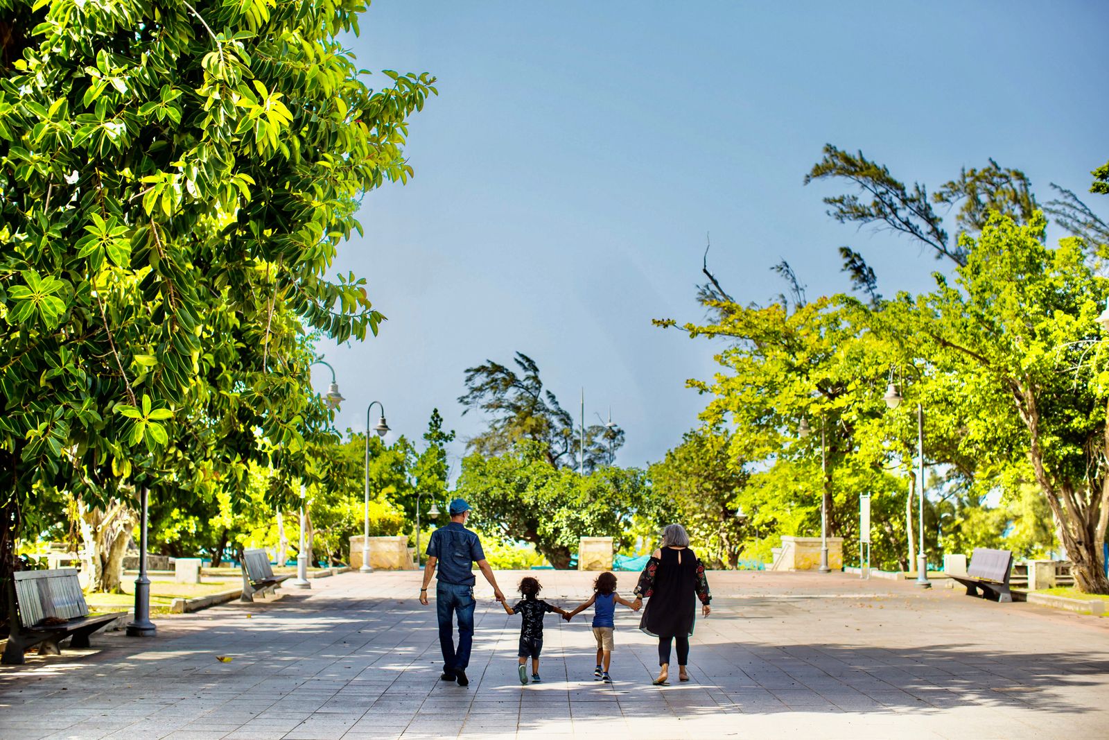 Familie går hånd i hånd i en park under blå himmel